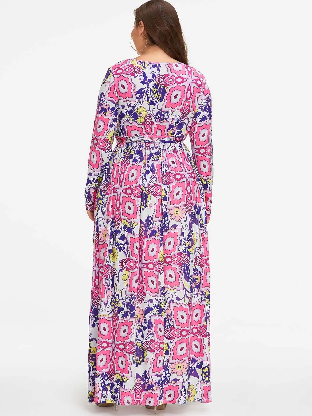 OEM ODM V-Neck Floral Print Self-Tie Wrap Long Sleeve Plus Size Dress