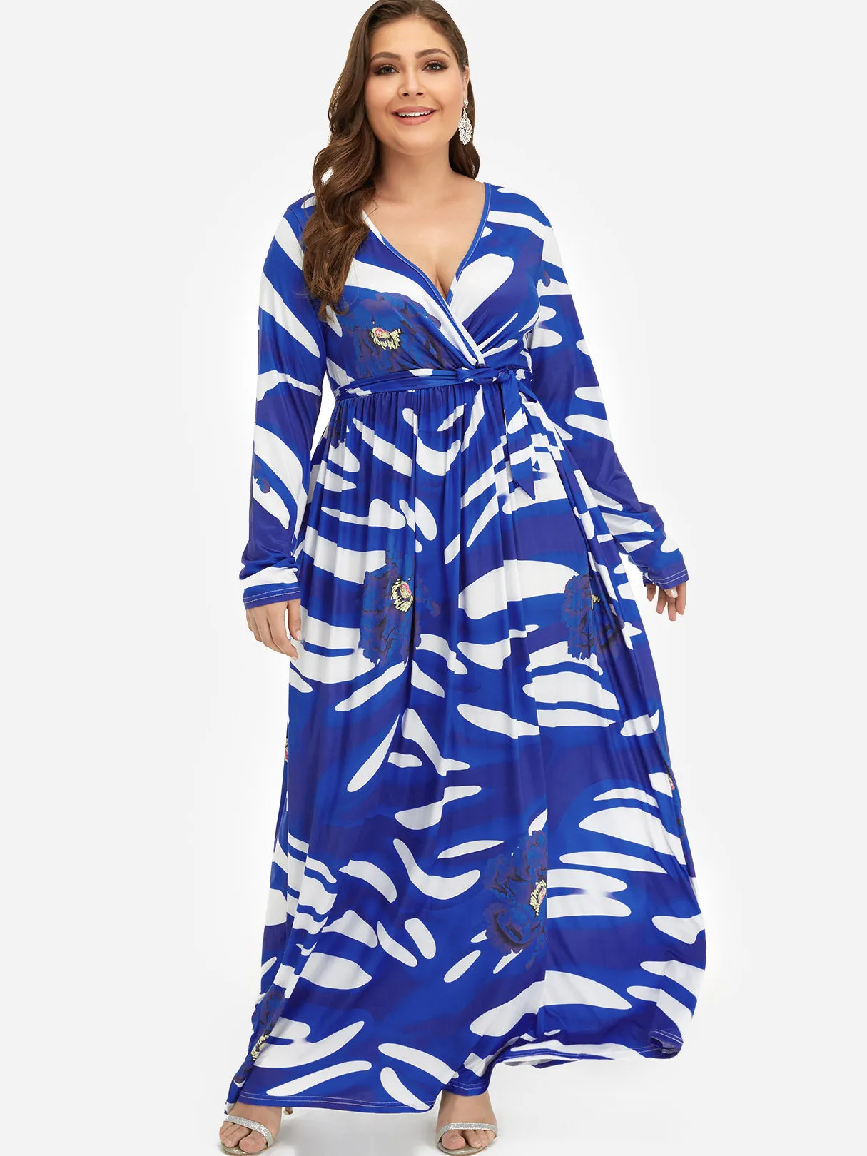 OEM ODM V-Neck Floral Print Self-Tie Wrap Plus Size Dress