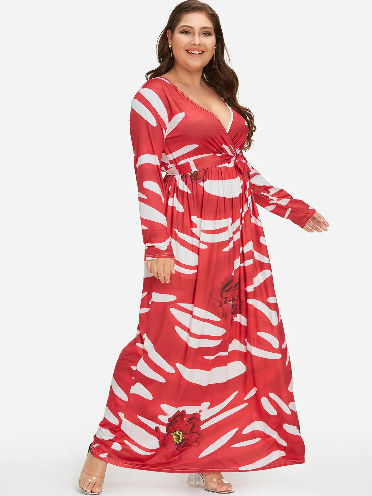 OEM ODM V-Neck Floral Print Self-Tie Wrap Plus Size Dress