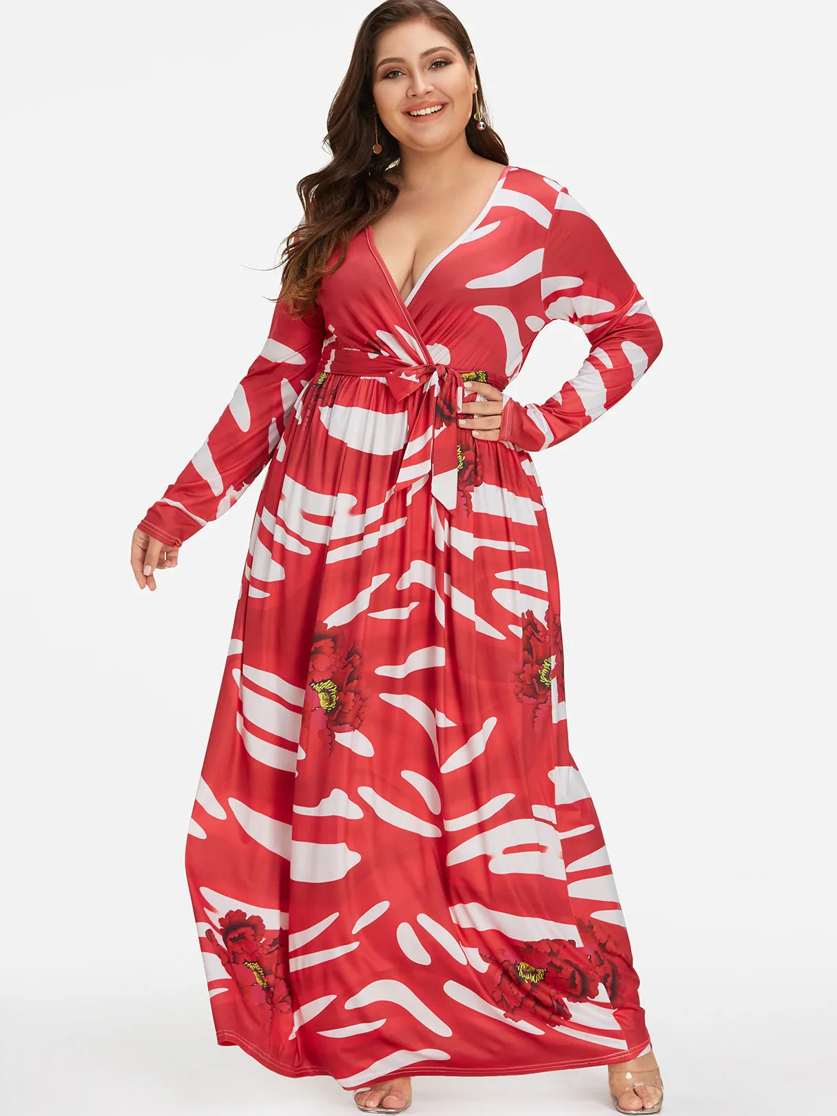 OEM ODM V-Neck Floral Print Self-Tie Wrap Plus Size Dress