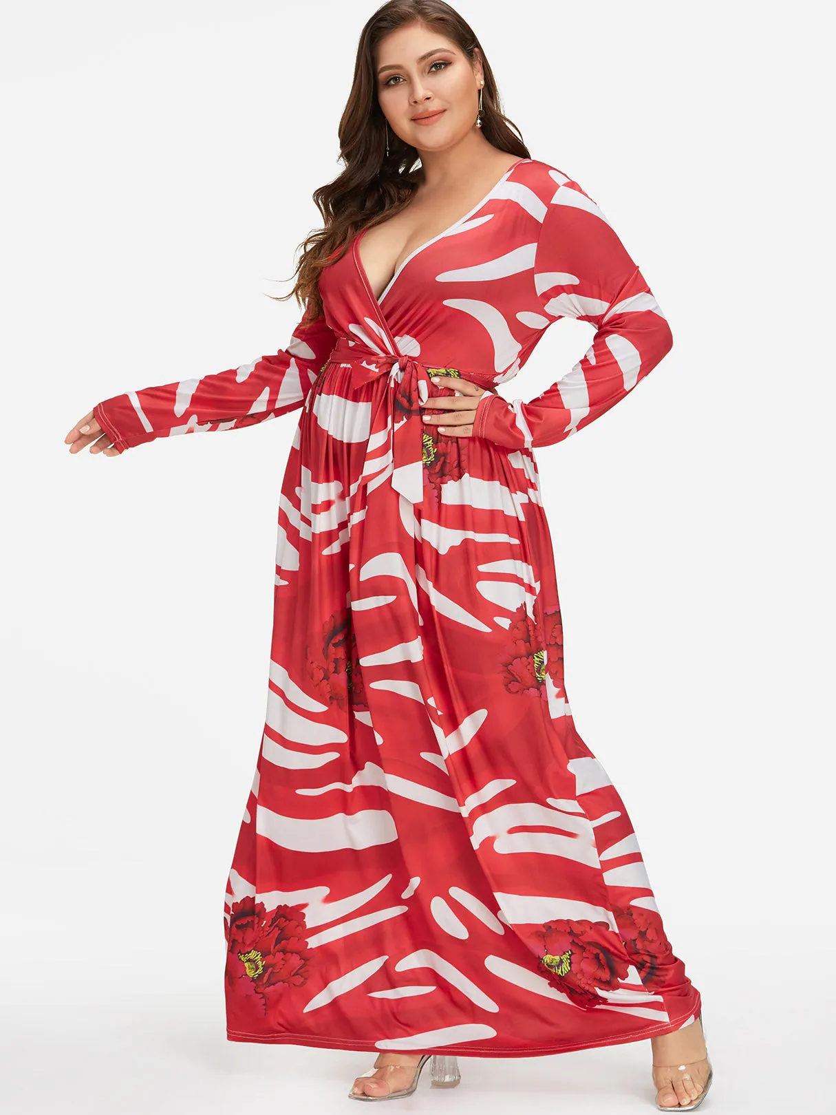 OEM ODM V-Neck Floral Print Self-Tie Wrap Plus Size Dress