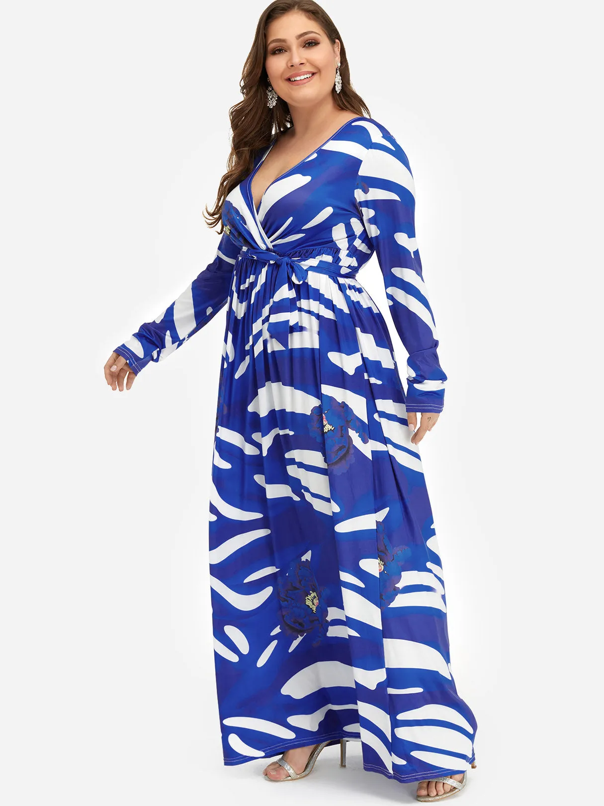OEM ODM V-Neck Floral Print Self-Tie Wrap Plus Size Dress