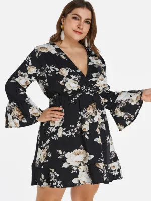 OEM ODM V-Neck Floral Print Wrap Long Sleeve Ruffle Hem Black Plus Size Dress