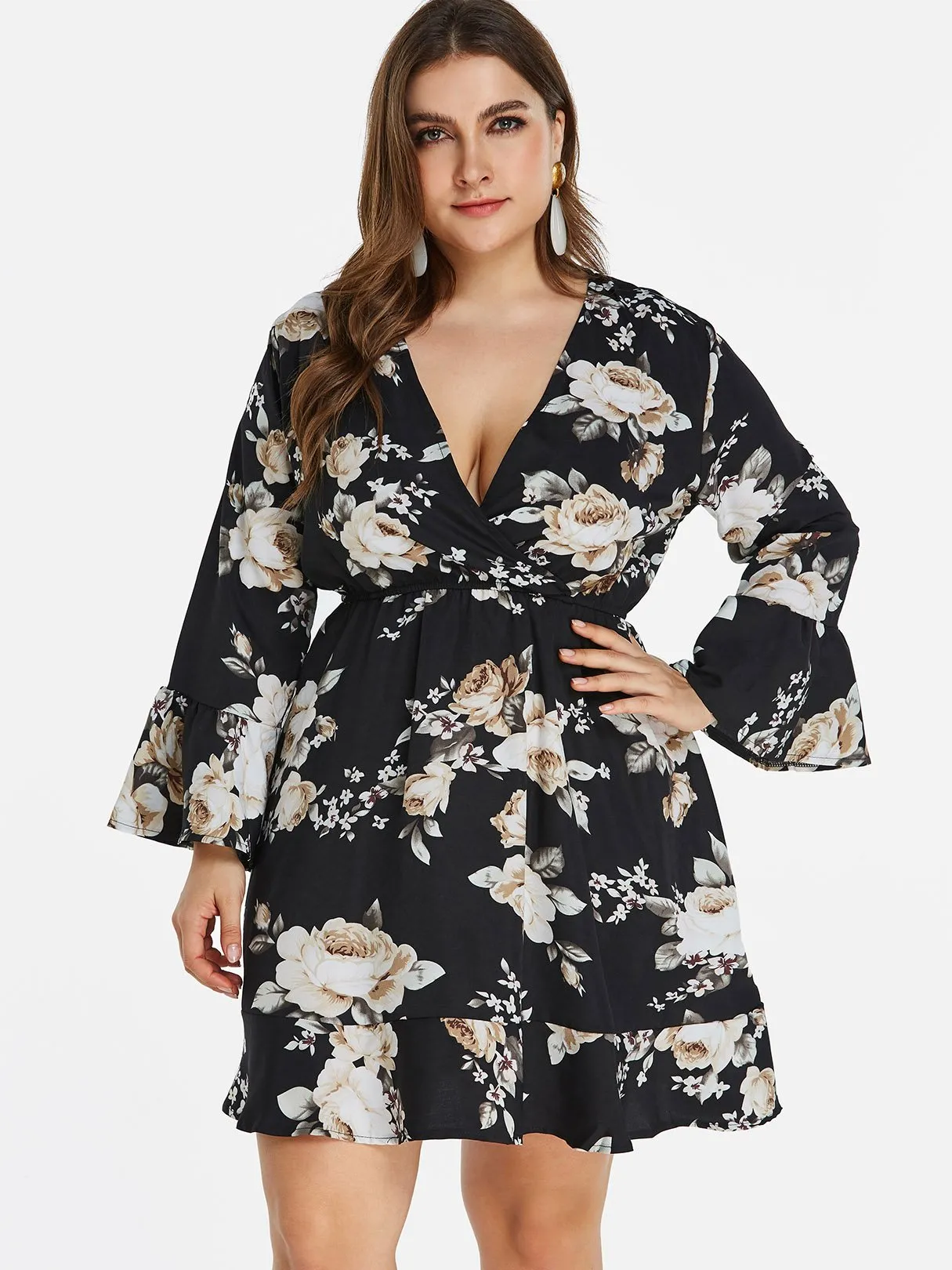 OEM ODM V-Neck Floral Print Wrap Long Sleeve Ruffle Hem Black Plus Size Dress