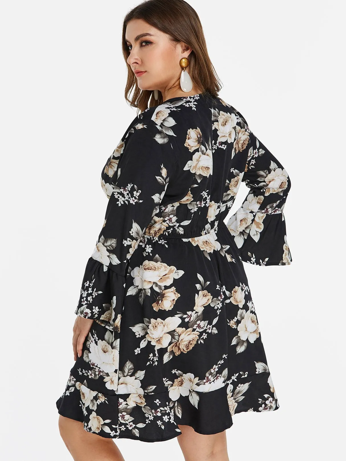 OEM ODM V-Neck Floral Print Wrap Long Sleeve Ruffle Hem Black Plus Size Dress