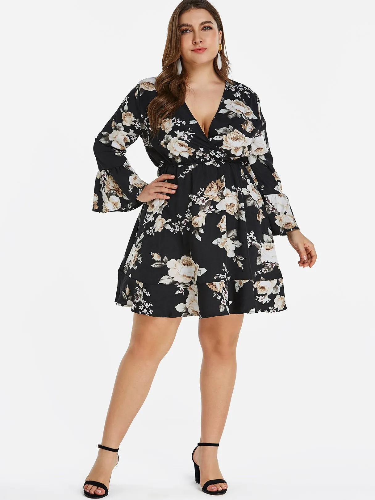 OEM ODM V-Neck Floral Print Wrap Long Sleeve Ruffle Hem Black Plus Size Dress