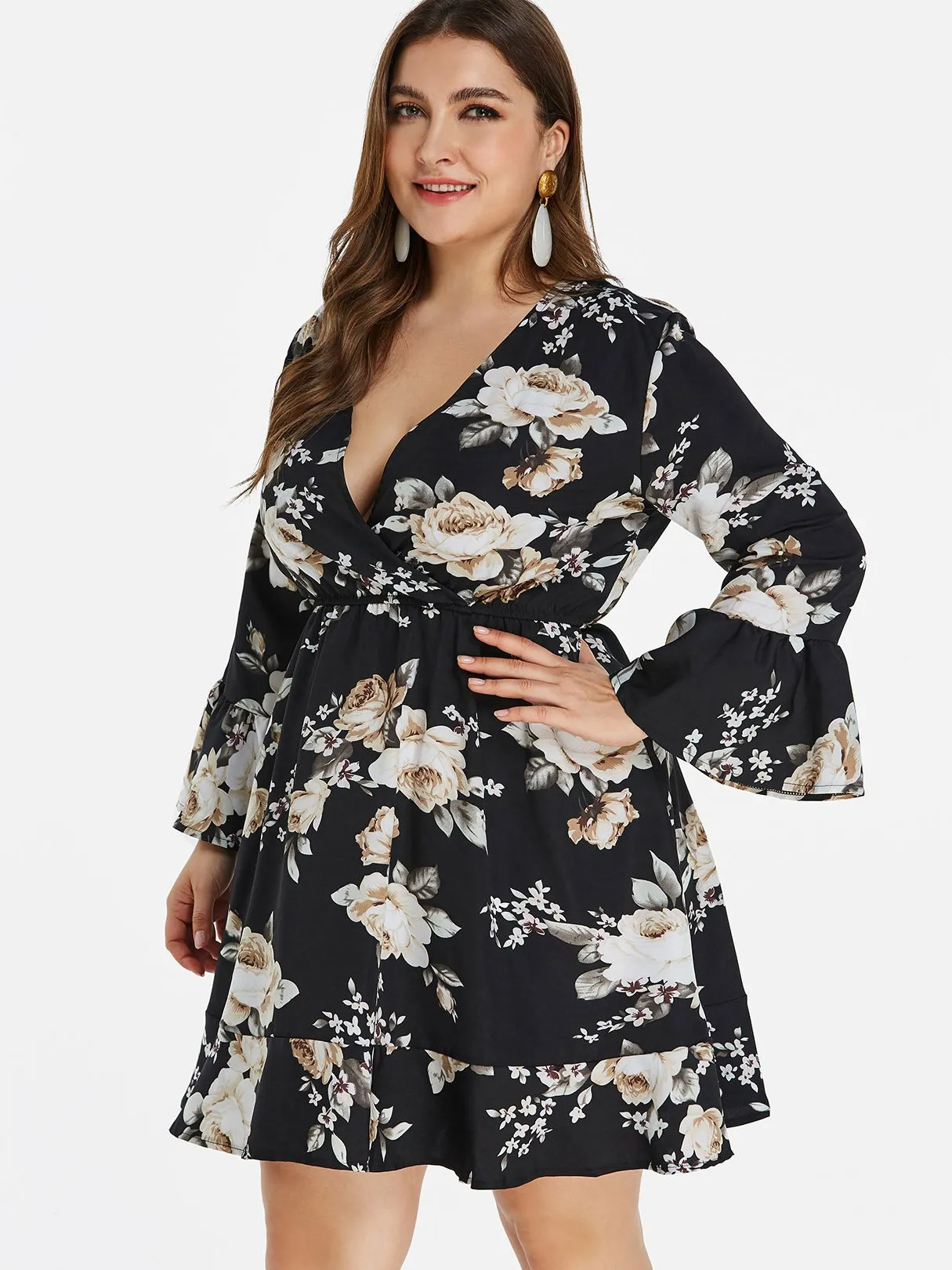 OEM ODM V-Neck Floral Print Wrap Long Sleeve Ruffle Hem Black Plus Size Dress
