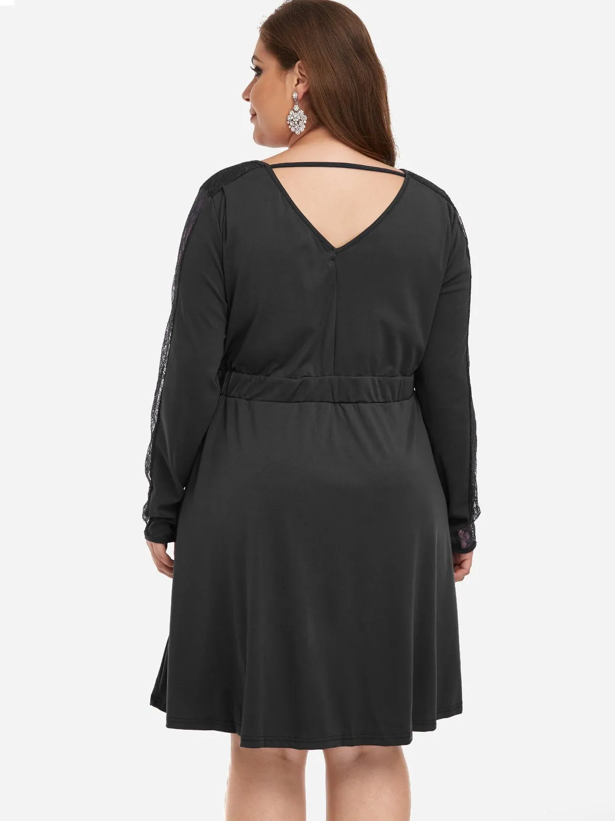 OEM ODM V-Neck Plain Lace Cut Out Long Sleeve Black Plus Size Dress