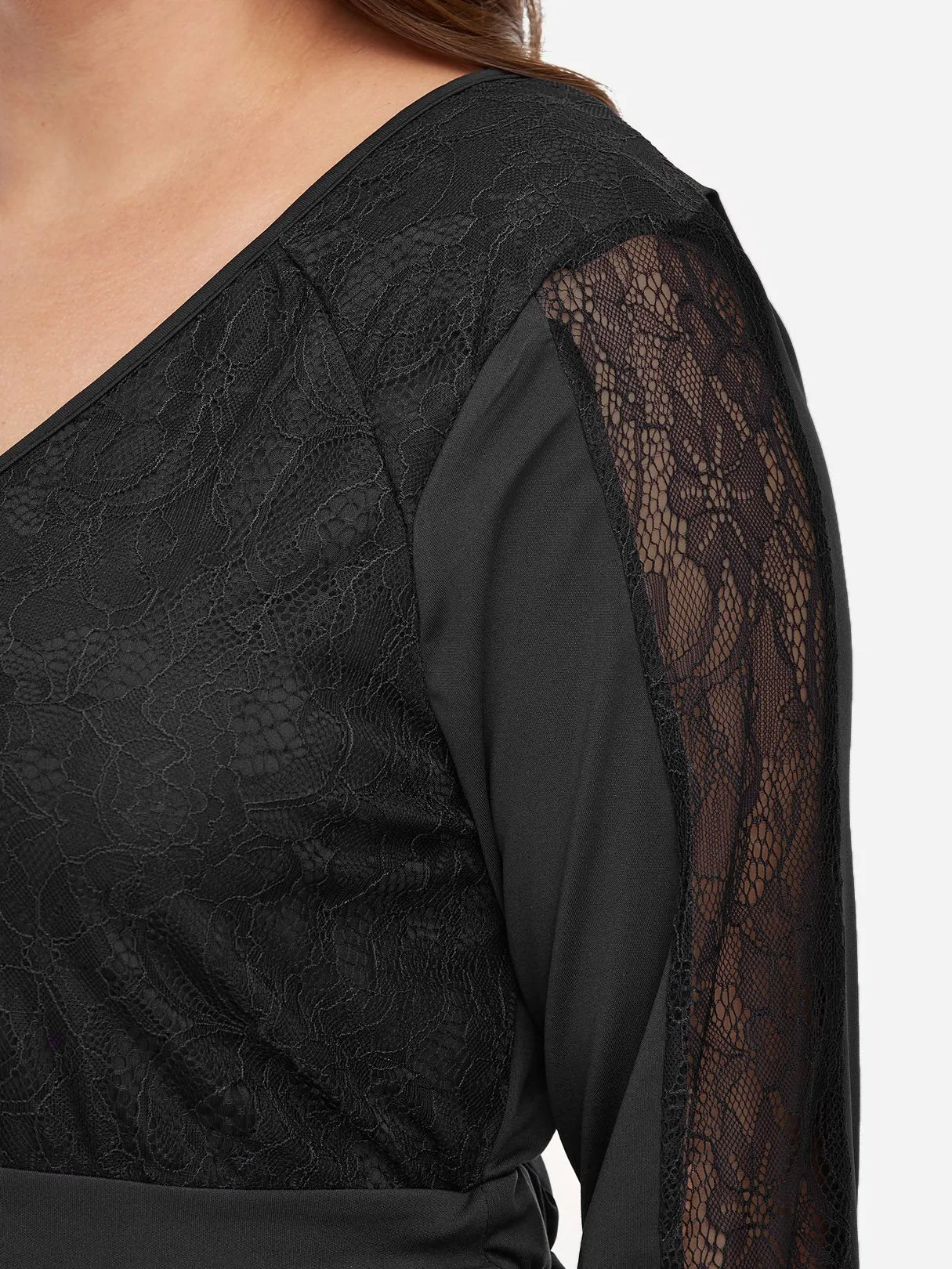 OEM ODM V-Neck Plain Lace Cut Out Long Sleeve Black Plus Size Dress