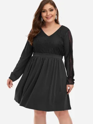 OEM ODM V-Neck Plain Lace Cut Out Long Sleeve Black Plus Size Dress