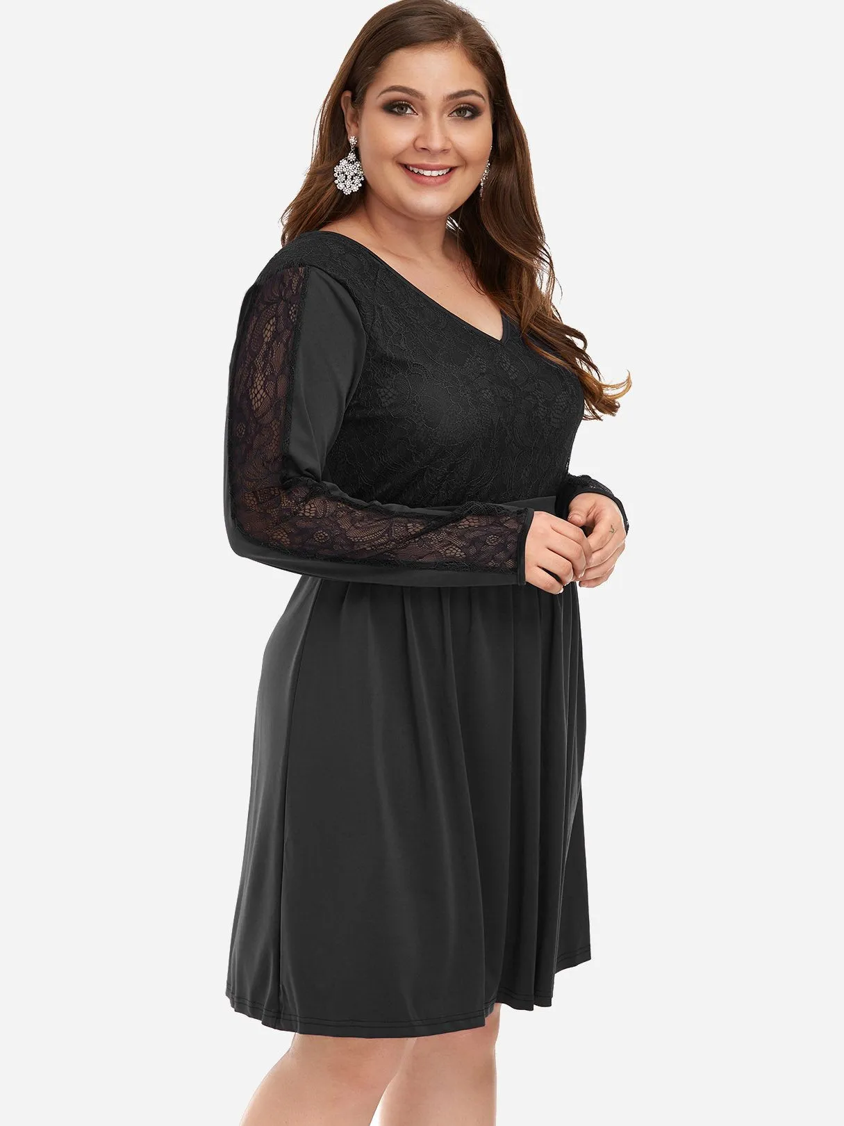 OEM ODM V-Neck Plain Lace Cut Out Long Sleeve Black Plus Size Dress