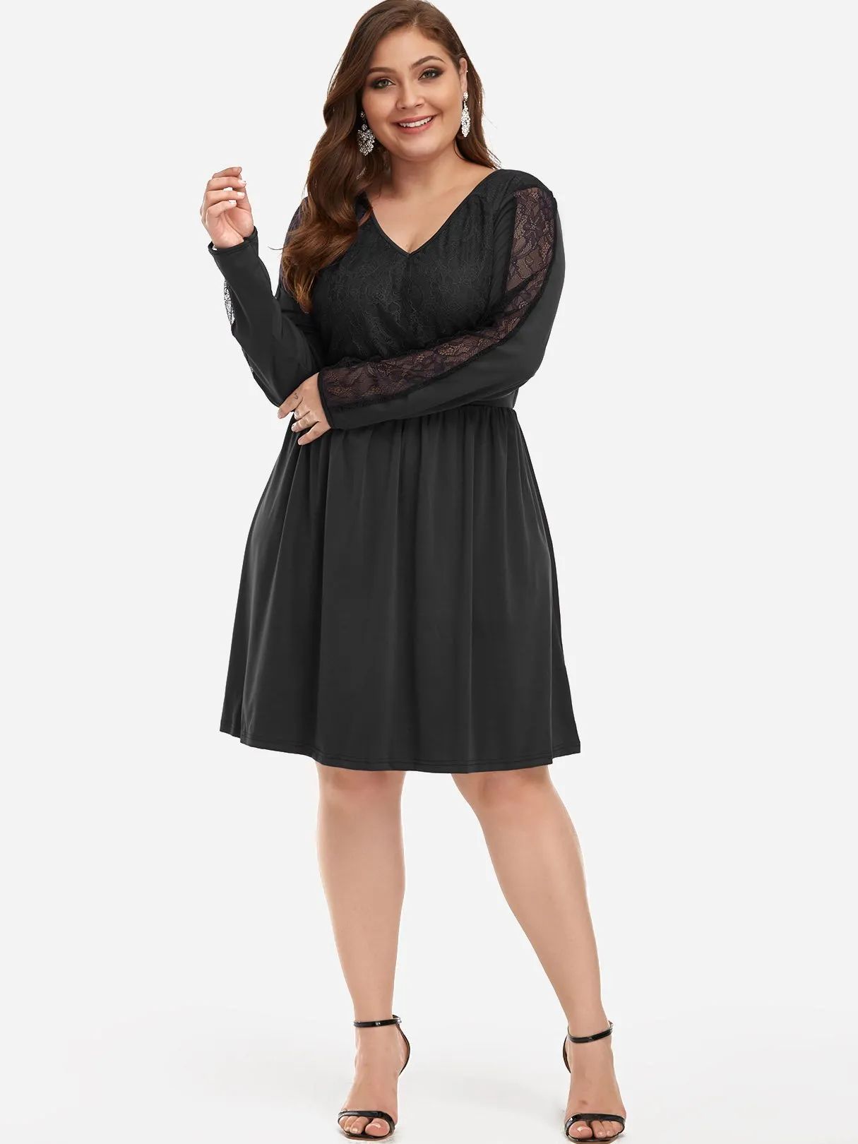 OEM ODM V-Neck Plain Lace Cut Out Long Sleeve Black Plus Size Dress