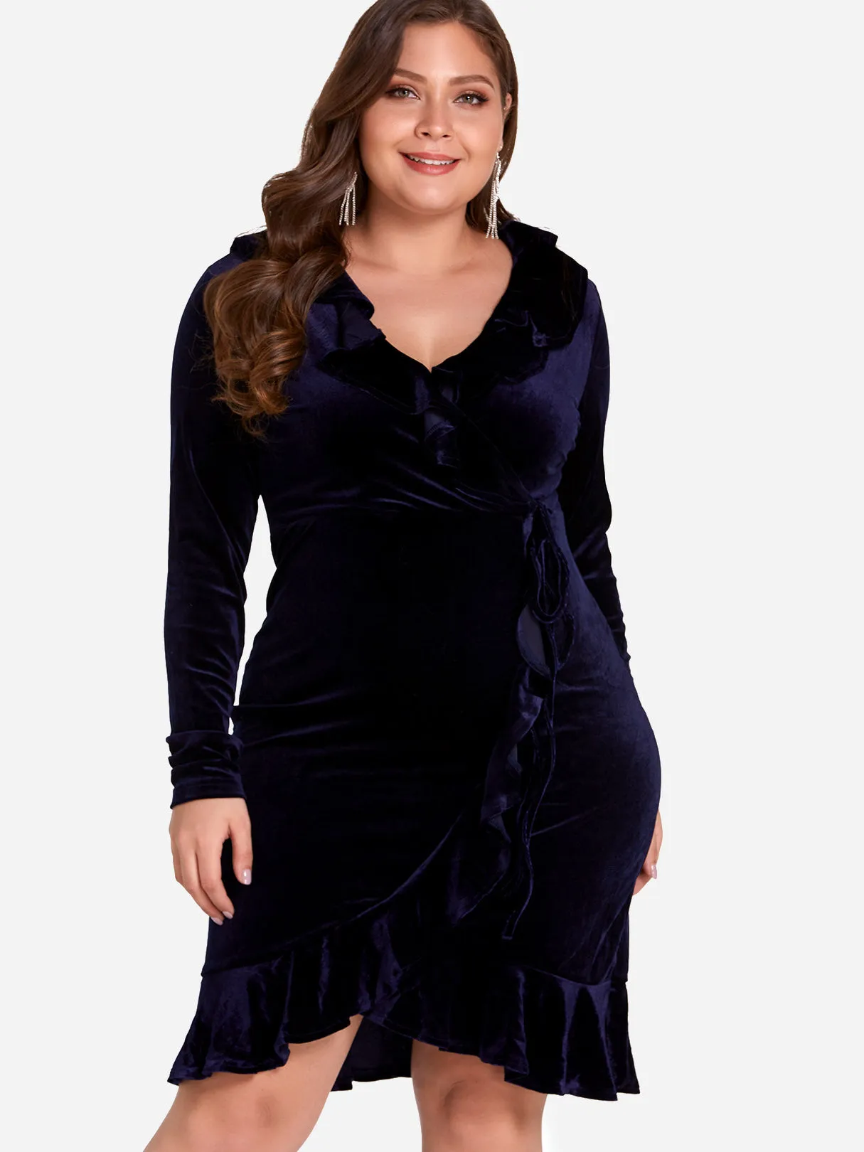 OEM ODM V-Neck Plain Ruffle Trim Wrap Long Sleeve Plus Size Dress