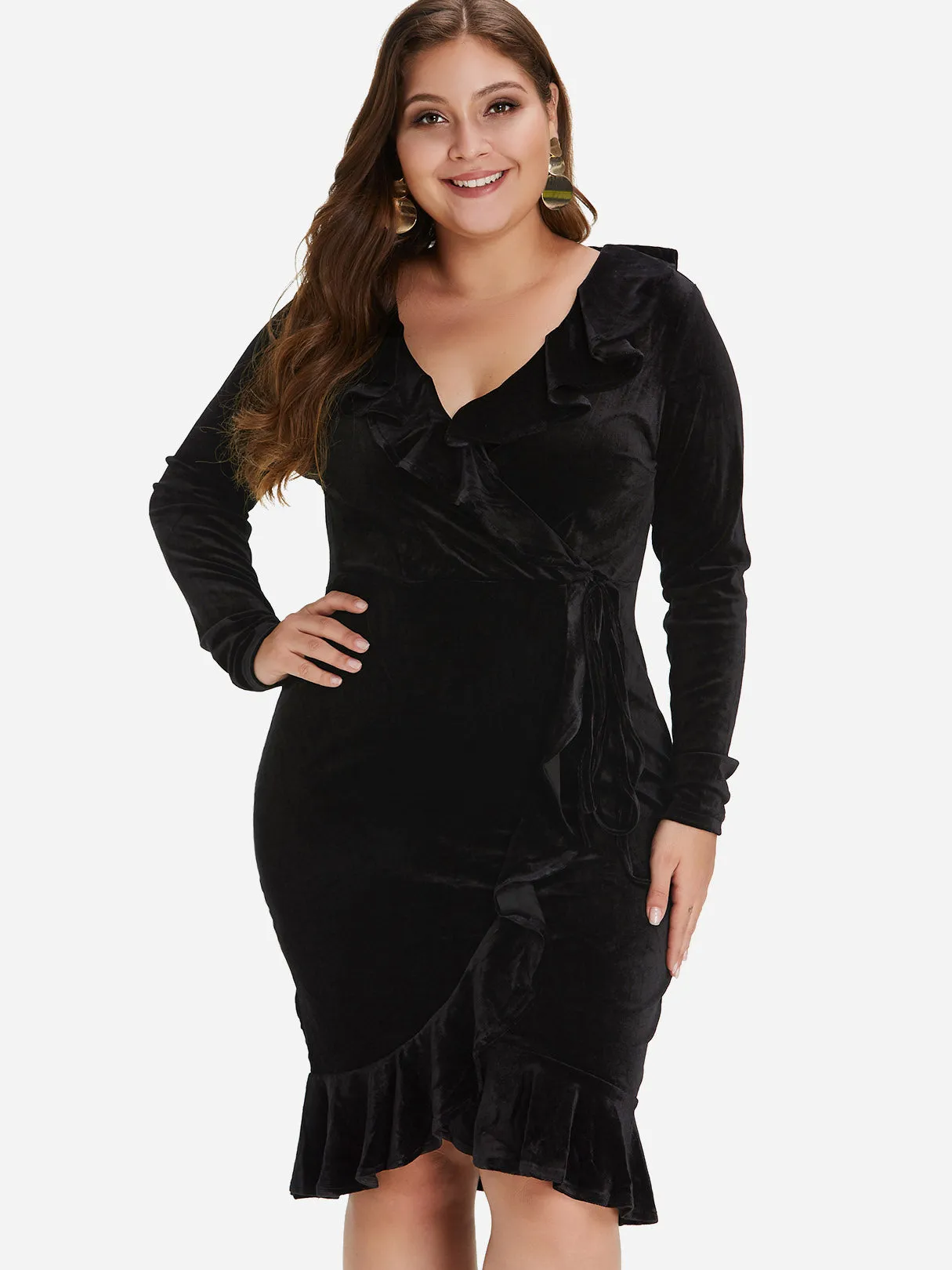 OEM ODM V-Neck Plain Ruffle Trim Wrap Long Sleeve Plus Size Dress