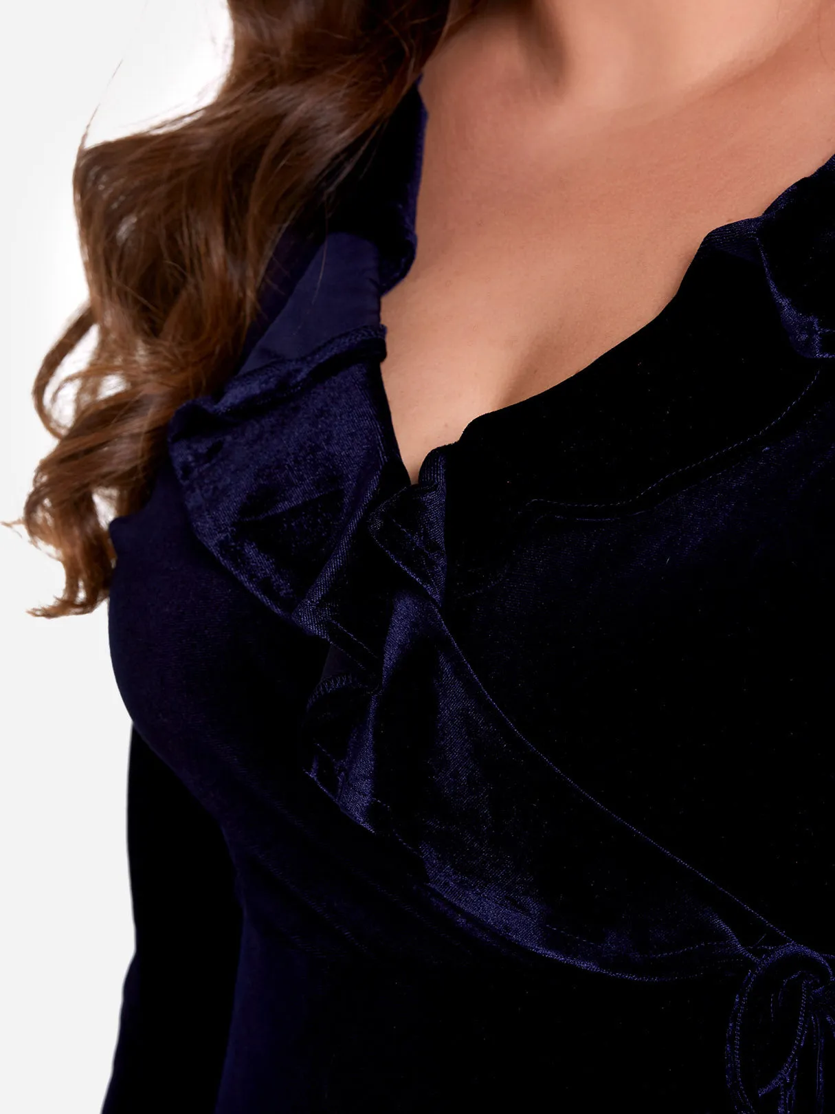 OEM ODM V-Neck Plain Ruffle Trim Wrap Long Sleeve Plus Size Dress