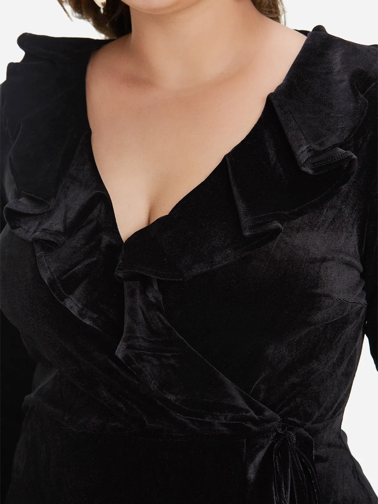 OEM ODM V-Neck Plain Ruffle Trim Wrap Long Sleeve Plus Size Dress