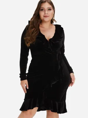 OEM ODM V-Neck Plain Ruffle Trim Wrap Long Sleeve Plus Size Dress