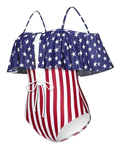 Off Shoulder Lace-Up One Piece Bathing Suit Ruffle Flounce Sexy Swimsuit-Flag