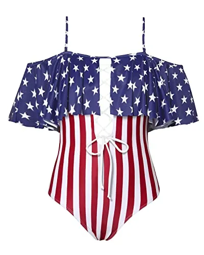 Off Shoulder Lace-Up One Piece Bathing Suit Ruffle Flounce Sexy Swimsuit-Flag