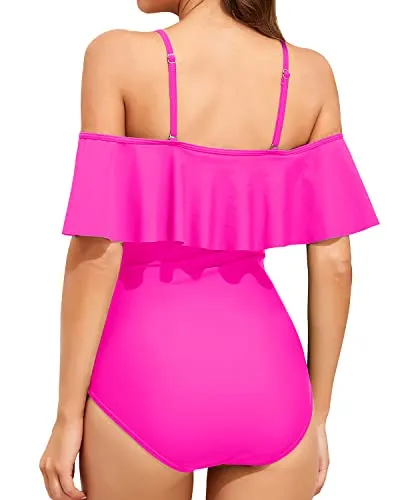 Off Shoulder Ruffled Retro Bathing Suit Flounce Printed One Piece Swimsuit-Neon Pink