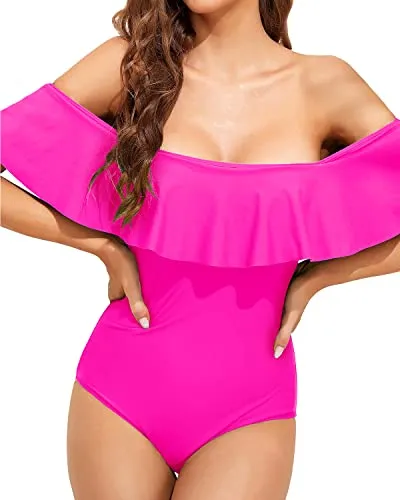 Off Shoulder Ruffled Retro Bathing Suit Flounce Printed One Piece Swimsuit-Neon Pink
