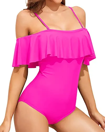 Off Shoulder Ruffled Retro Bathing Suit Flounce Printed One Piece Swimsuit-Neon Pink
