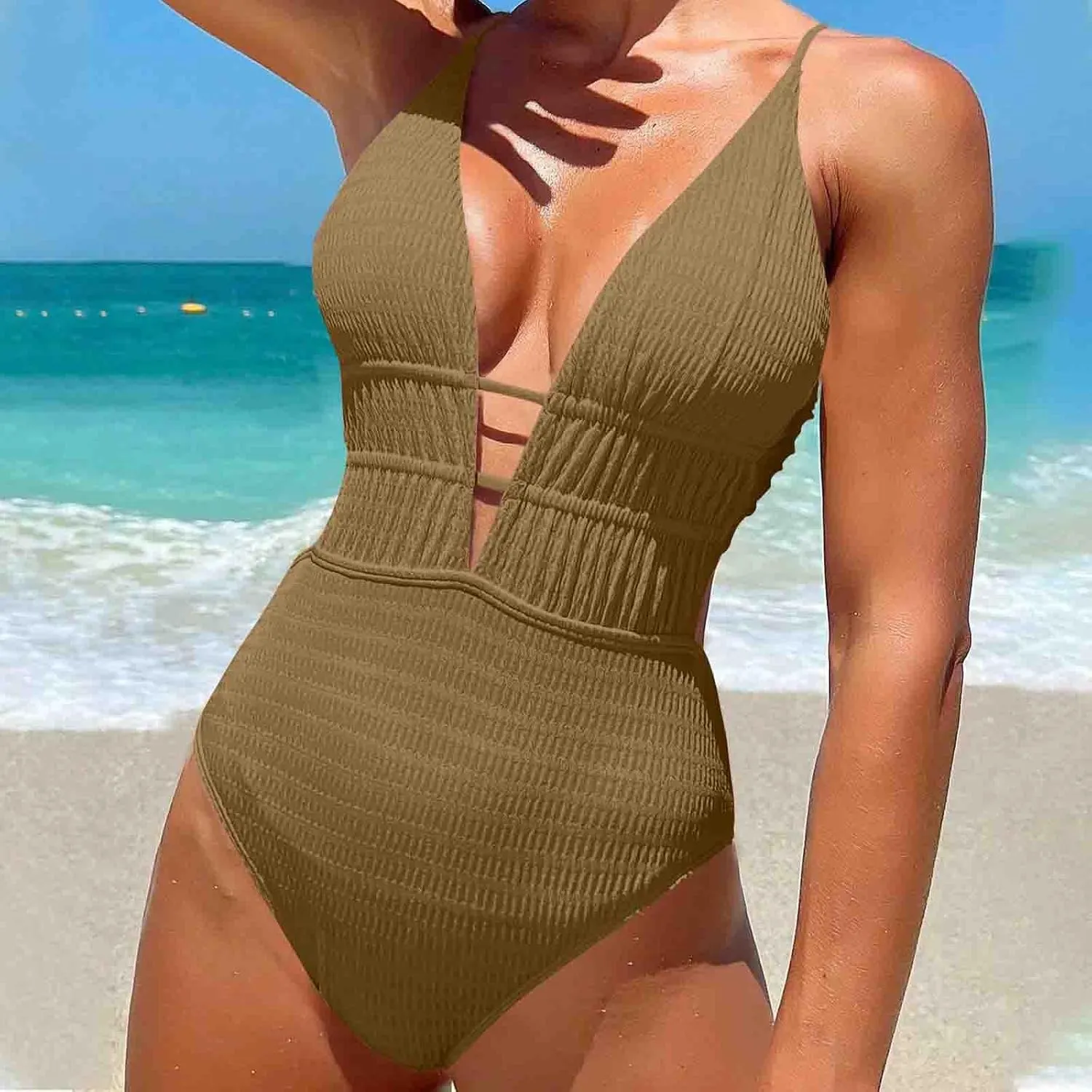 oiangi One Piece Swimsuit Women Sexy Plunge Deep V Monokini Backless Cross Straps High Waisted Tummy Control Bathing Suit