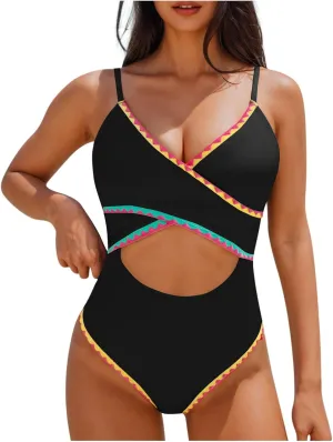 One Piece Bathing Suit for Women Color Block Cut Out V Neck Swimsuit 2025 Stretchy Slim Fit Spaghetti Strap Swimwear