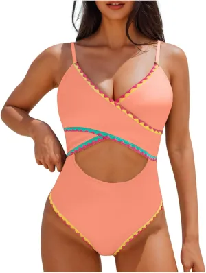 One Piece Bathing Suit for Women Color Block Cut Out V Neck Swimsuit 2025 Stretchy Slim Fit Spaghetti Strap Swimwear