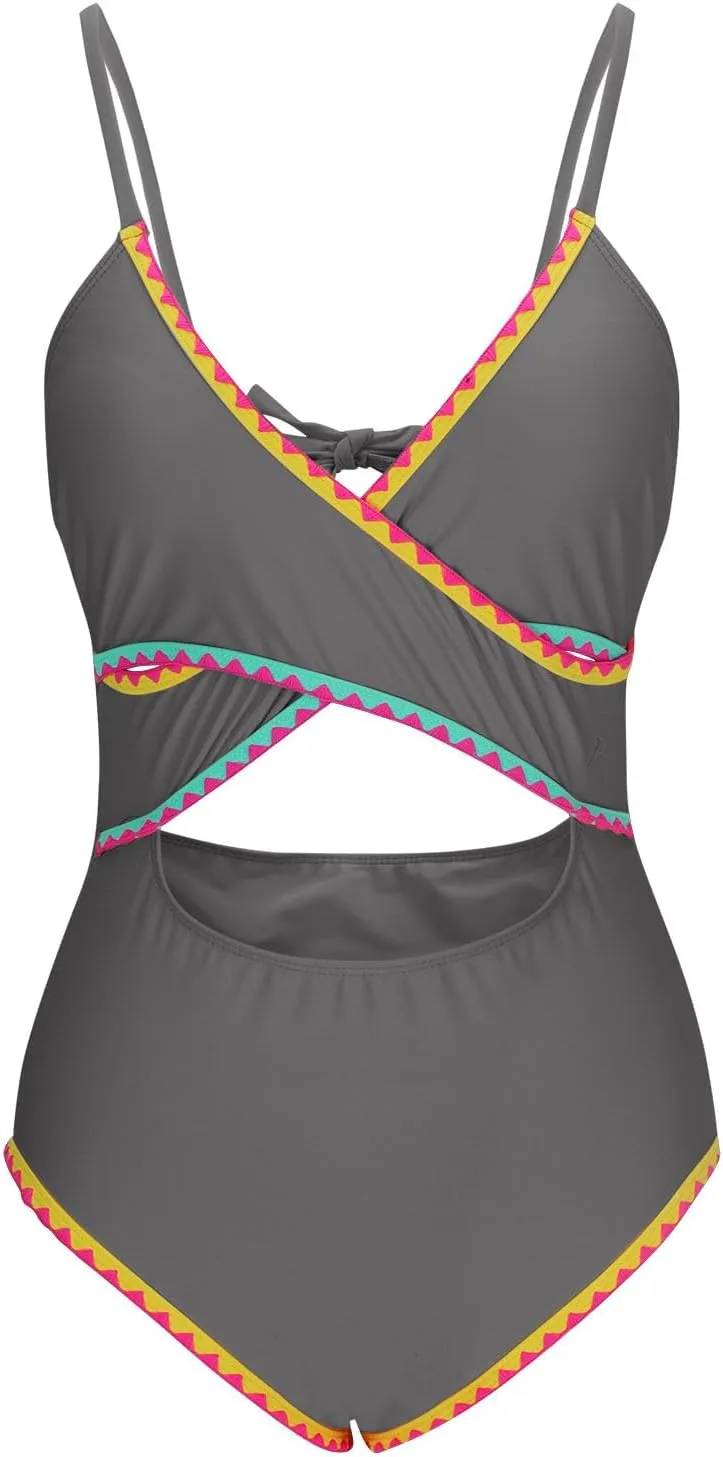 One Piece Bathing Suit for Women Color Block Cut Out V Neck Swimsuit 2025 Stretchy Slim Fit Spaghetti Strap Swimwear