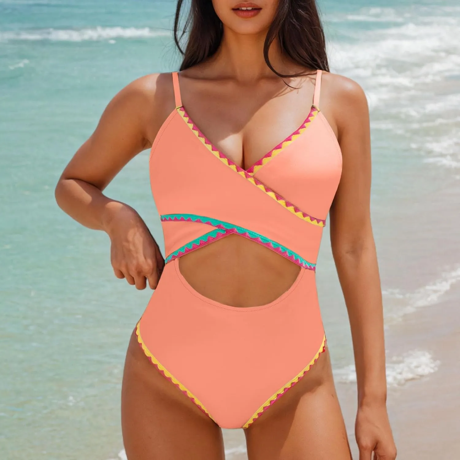 One Piece Bathing Suit for Women Color Block Cut Out V Neck Swimsuit 2025 Stretchy Slim Fit Spaghetti Strap Swimwear
