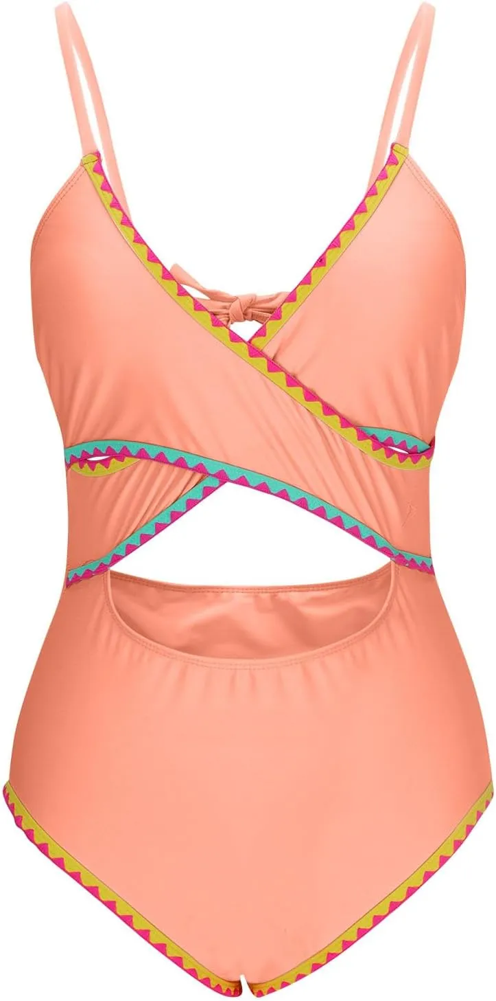 One Piece Bathing Suit for Women Color Block Cut Out V Neck Swimsuit 2025 Stretchy Slim Fit Spaghetti Strap Swimwear