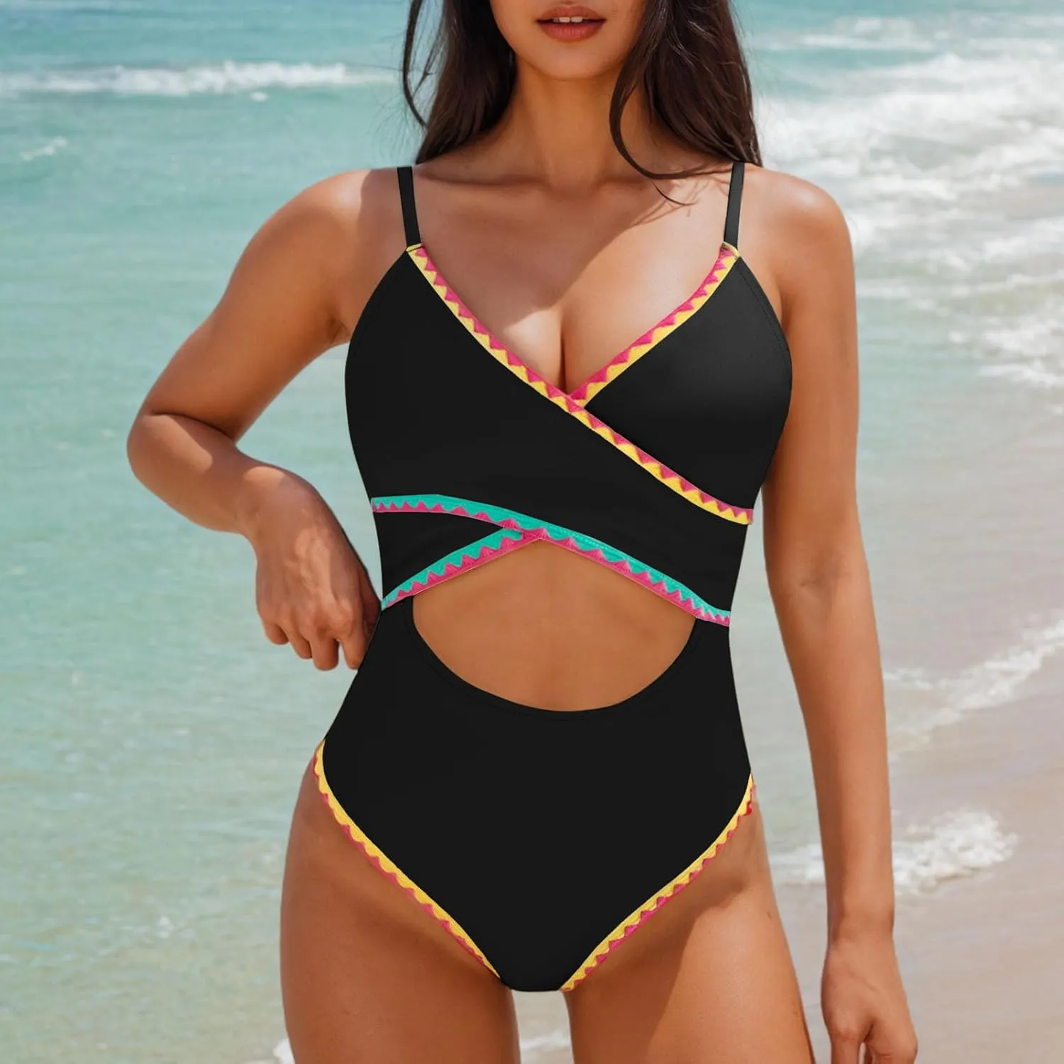 One Piece Bathing Suit for Women Color Block Cut Out V Neck Swimsuit 2025 Stretchy Slim Fit Spaghetti Strap Swimwear
