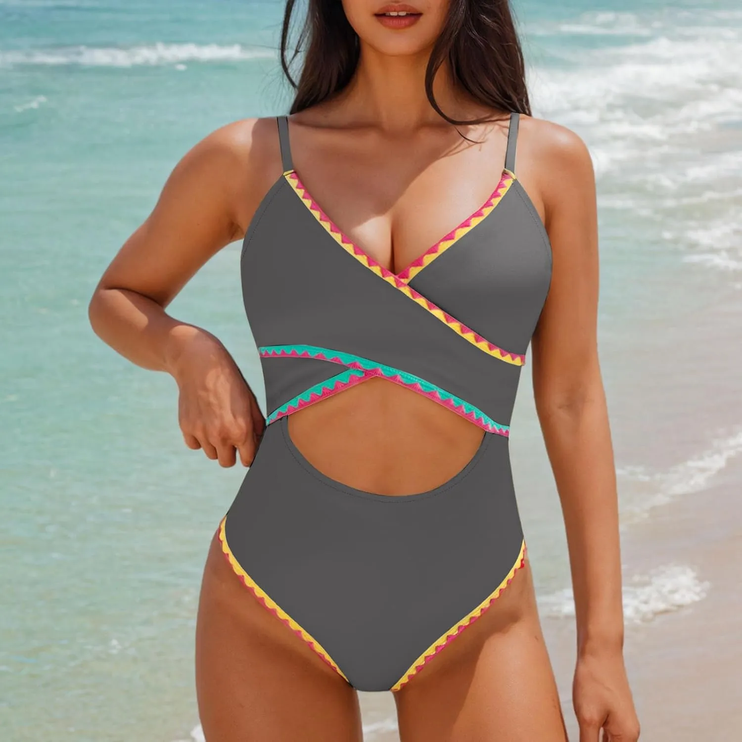 One Piece Bathing Suit for Women Color Block Cut Out V Neck Swimsuit 2025 Stretchy Slim Fit Spaghetti Strap Swimwear