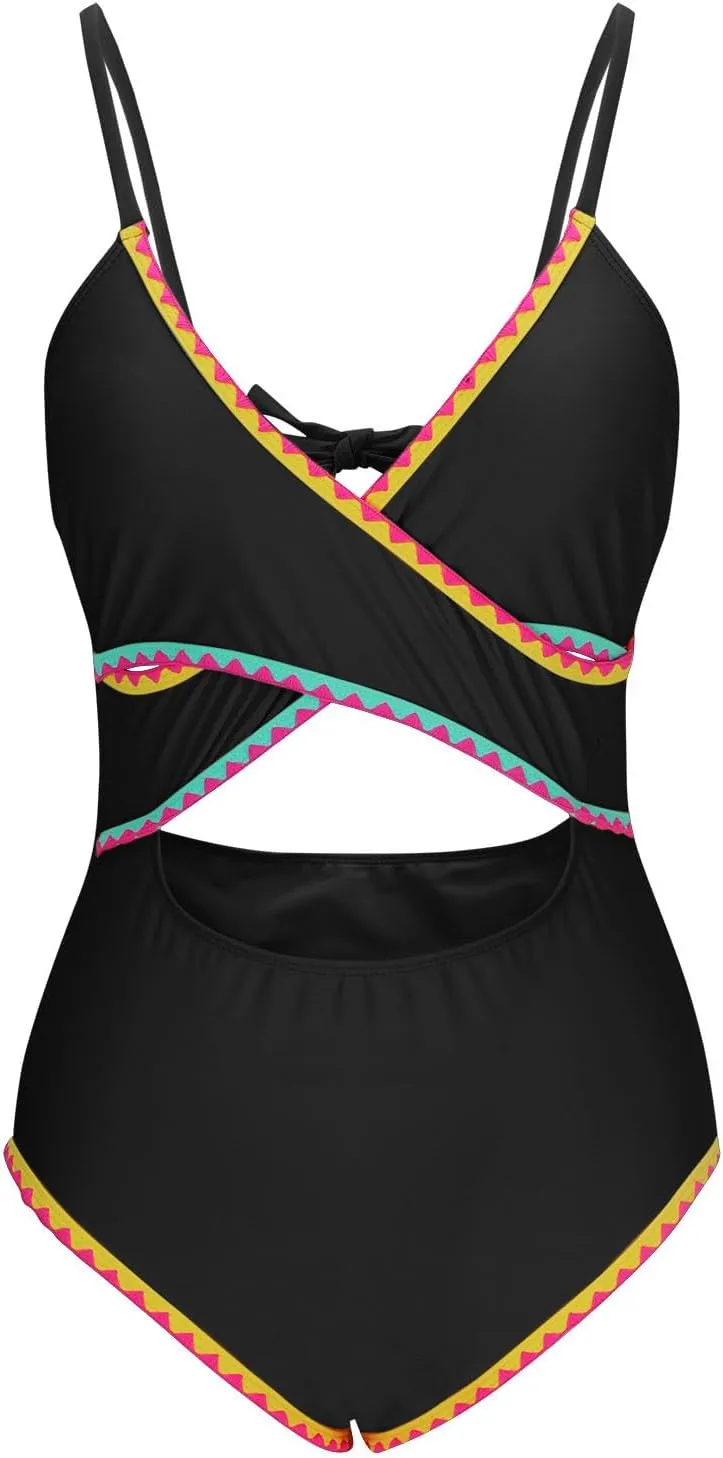 One Piece Bathing Suit for Women Color Block Cut Out V Neck Swimsuit 2025 Stretchy Slim Fit Spaghetti Strap Swimwear