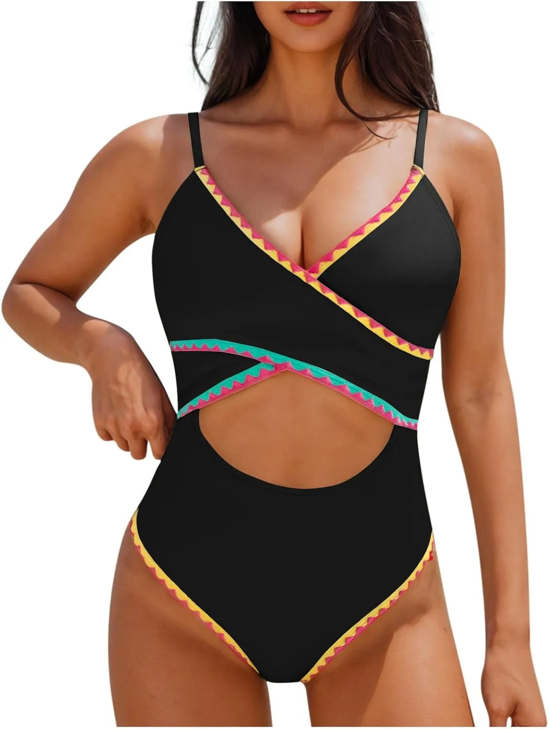 One Piece Bathing Suit for Women Color Block Cut Out V Neck Swimsuit 2025 Stretchy Slim Fit Spaghetti Strap Swimwear