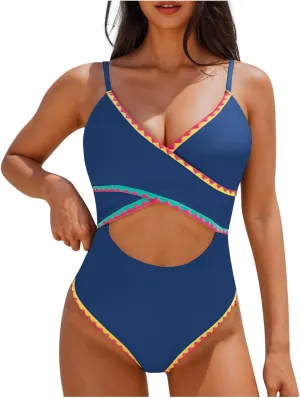 One Piece Bathing Suit for Women Color Block Cut Out V Neck Swimsuit 2025 Stretchy Slim Fit Spaghetti Strap Swimwear