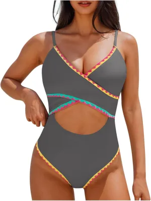 One Piece Bathing Suit for Women Color Block Cut Out V Neck Swimsuit 2025 Stretchy Slim Fit Spaghetti Strap Swimwear