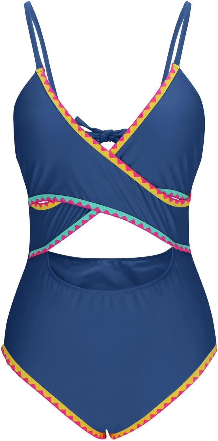 One Piece Bathing Suit for Women Color Block Cut Out V Neck Swimsuit 2025 Stretchy Slim Fit Spaghetti Strap Swimwear