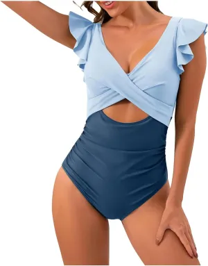 One Piece Bathing Suit Women Ruffle Swimsuits Cutout Backless Swim Suit Tummy Control Swimwear V Neck Wrap Beachwear