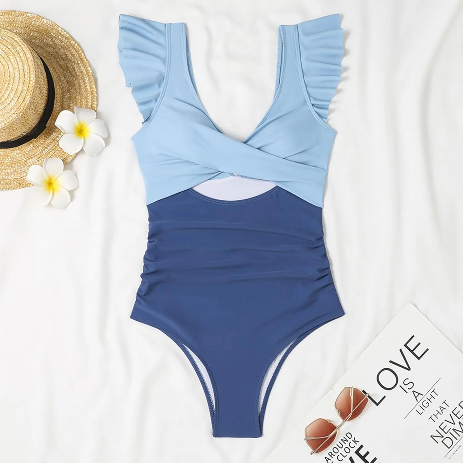 One Piece Bathing Suit Women Ruffle Swimsuits Cutout Backless Swim Suit Tummy Control Swimwear V Neck Wrap Beachwear