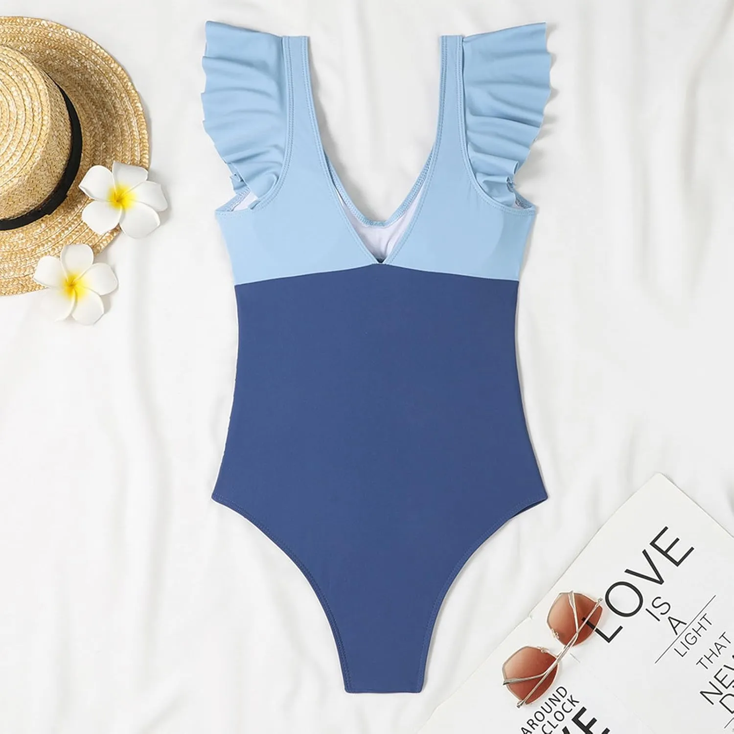 One Piece Bathing Suit Women Ruffle Swimsuits Cutout Backless Swim Suit Tummy Control Swimwear V Neck Wrap Beachwear