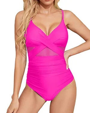 One Piece Cutout V Neck Push Up Tummy Control Swimwear For Women-Neon Pink