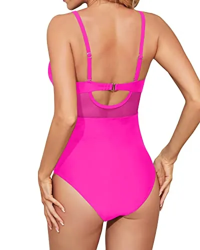 One Piece Cutout V Neck Push Up Tummy Control Swimwear For Women-Neon Pink
