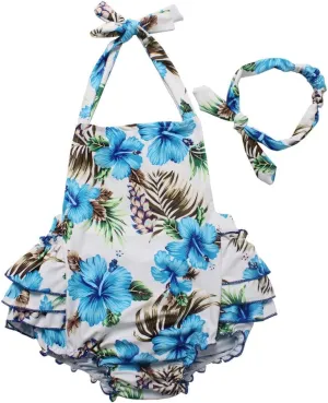 One Piece Redbub Floral Ruffles Rompers Bathing Suits Dress with Headband