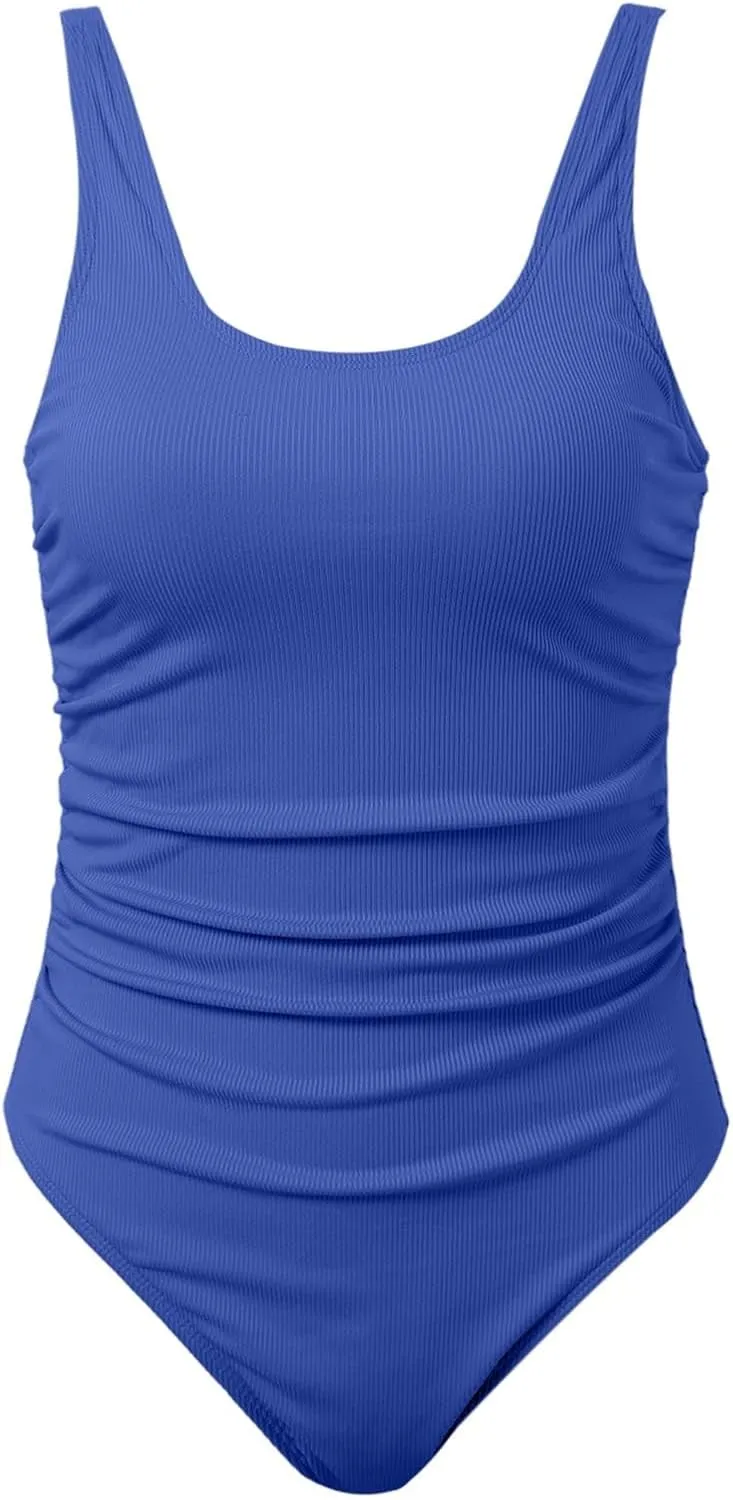 One Piece Swimsuit for Women Ribbed Tummy Control Bathing Suit Ruched Backless Swim Suit Slimming Swimwear