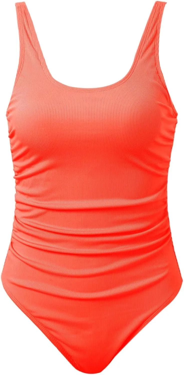 One Piece Swimsuit for Women Ribbed Tummy Control Bathing Suit Ruched Backless Swim Suit Slimming Swimwear