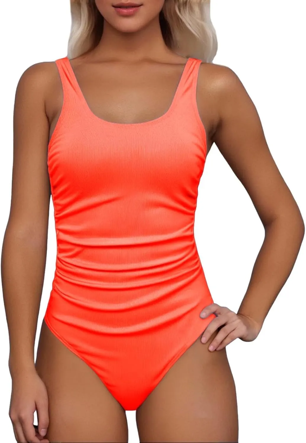 One Piece Swimsuit for Women Ribbed Tummy Control Bathing Suit Ruched Backless Swim Suit Slimming Swimwear