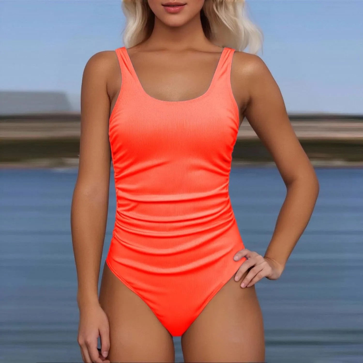 One Piece Swimsuit for Women Ribbed Tummy Control Bathing Suit Ruched Backless Swim Suit Slimming Swimwear
