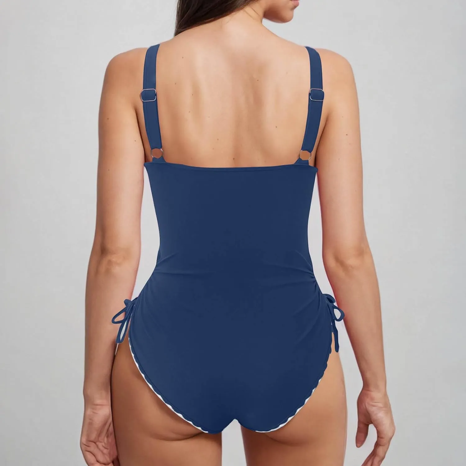 One Piece Swimsuit for Women Scalloped V Neck Tie Side Ruched Swimwear Tummy Control Slimming Backless Bathing Suits
